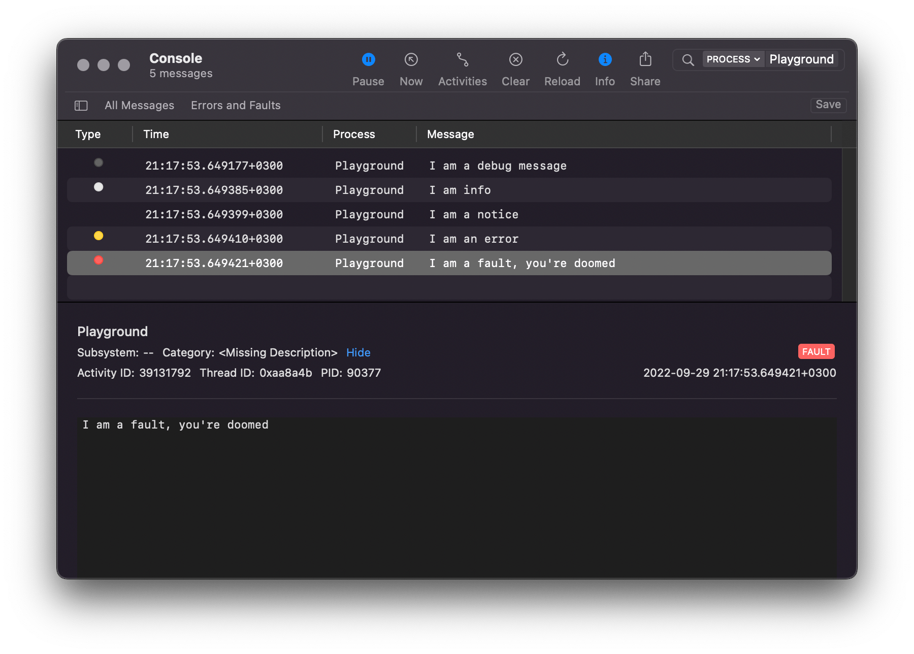 Logs of different levels in Console