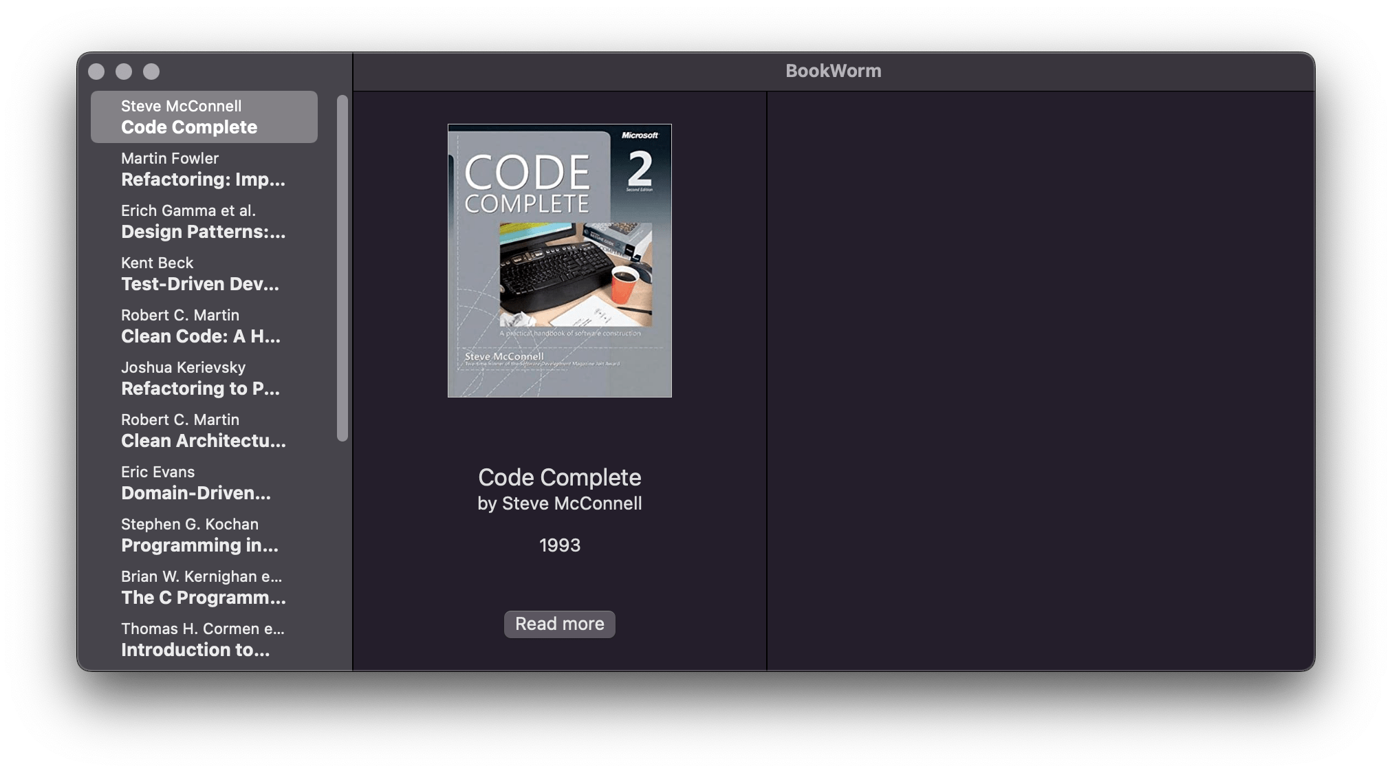 The book list with details and description in a separate view on macOS